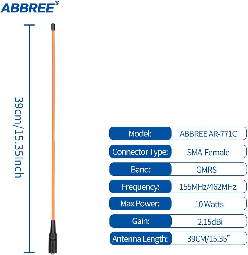 ABBREE AR-771C GMRS (155/462MHz) Antenna 15.3inch Whip Antenna SMA-Female for Baofeng UV-5R GMRS GM-15Pro GM-5RH UV-5G Plus TD-H3 UV-9G Radioddity TD-H5 GMRS Radios (Orange) - Image 3
